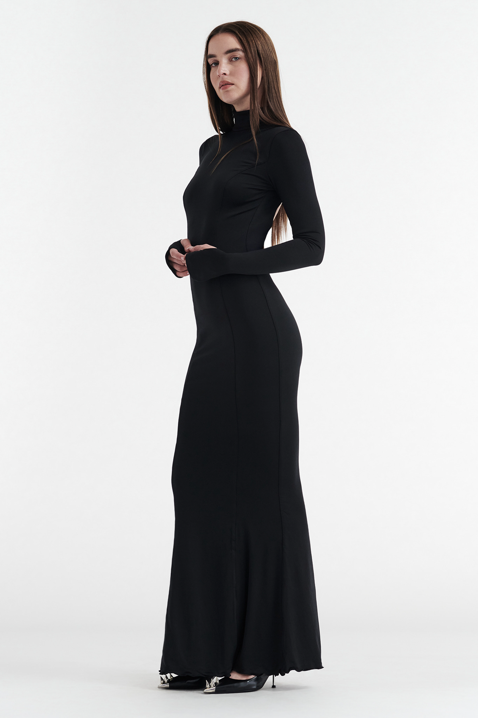 AUDREY TURTLENECK LONG SLEEVE MAXI DRESS - BLACK