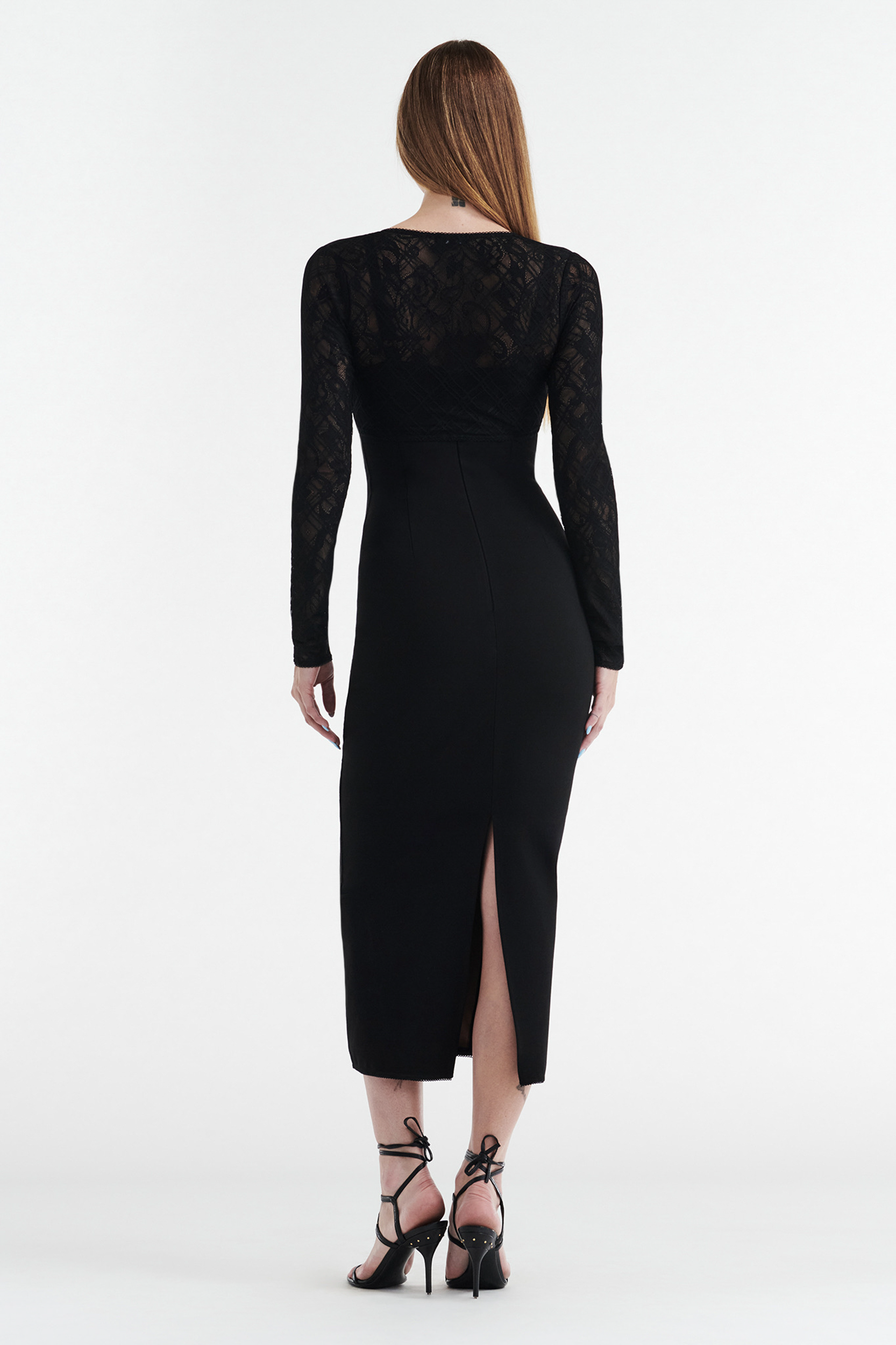 MARGOT TWO PIECE FITTED LACE MIDI DRESS - BLACK