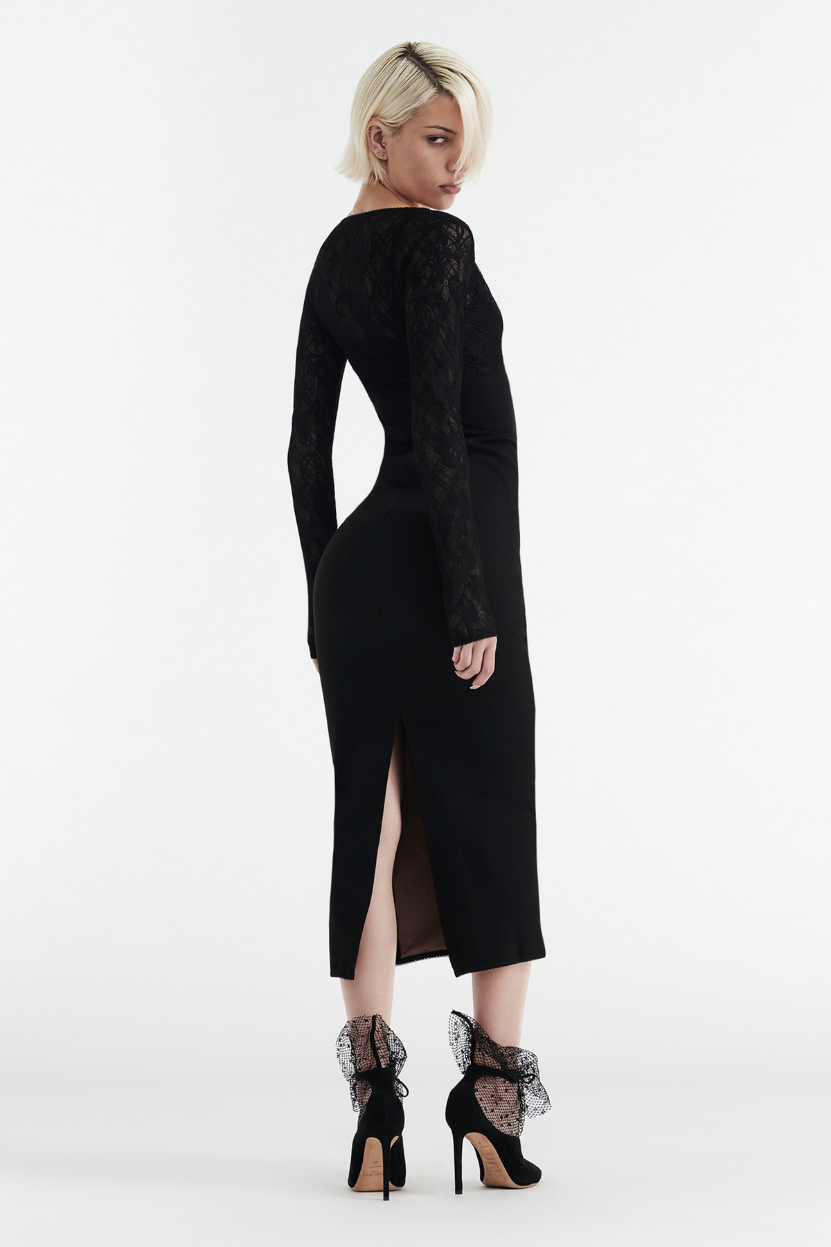 MARGOT TWO PIECE FITTED LACE MIDI DRESS - BLACK