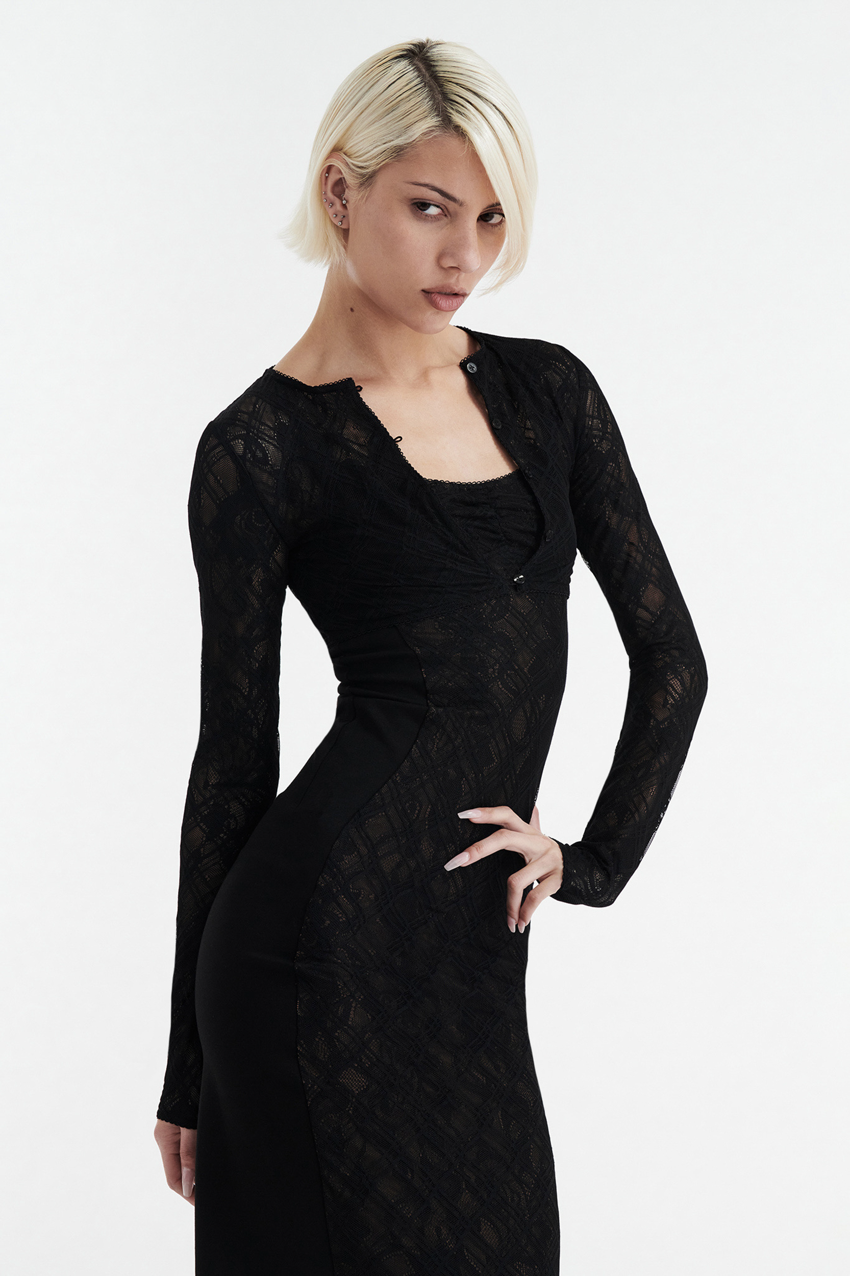 MARGOT TWO PIECE FITTED LACE MIDI DRESS - BLACK