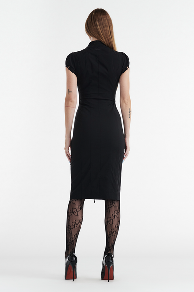 COLETTE PANELLED PUFF SLEEVE MIDI DRESS - BLACK