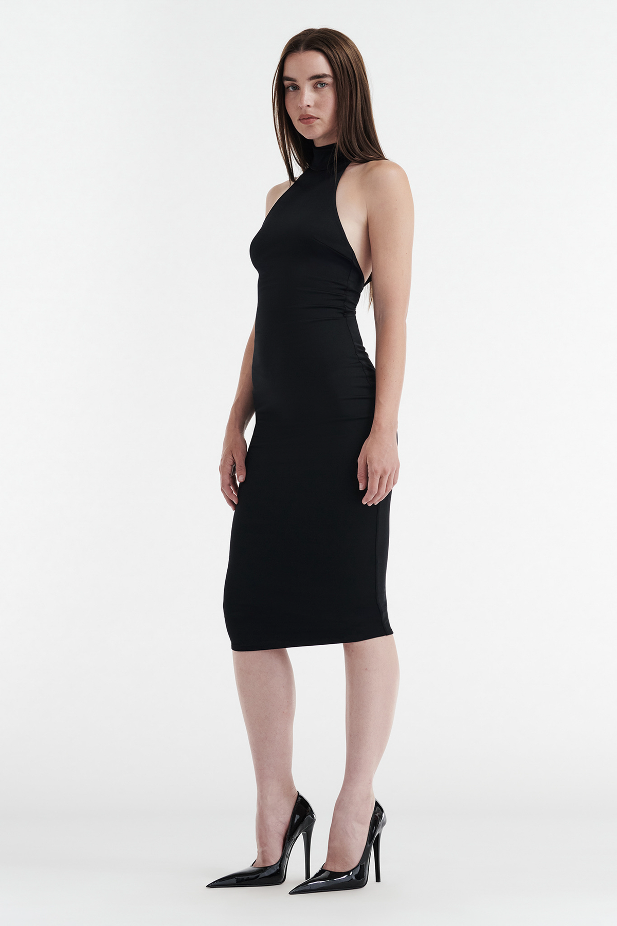 CLEO HALTER TIE MIDI DRESS - BLACK