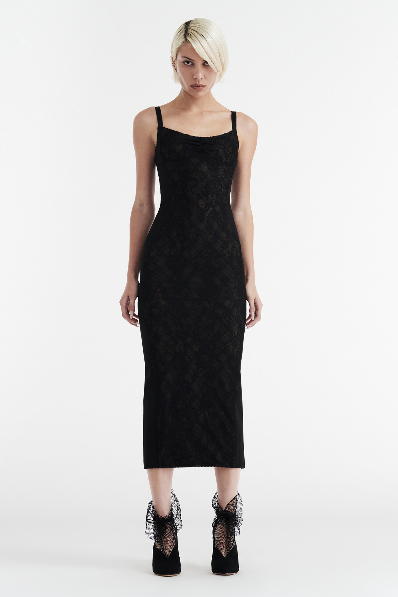 MARGOT TWO PIECE FITTED LACE MIDI DRESS - BLACK